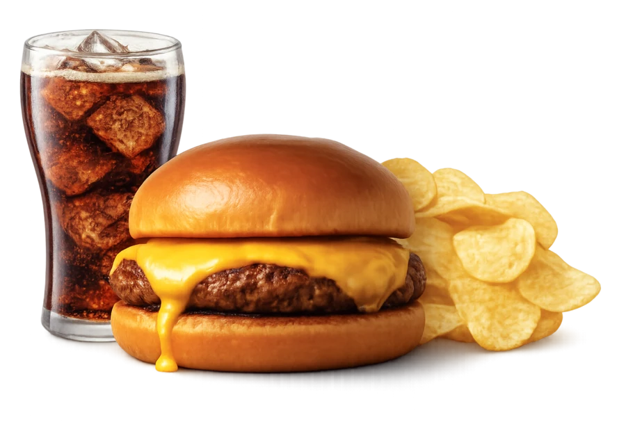 Combo de cheeseburguer com batata chips e refrigerante, incluso no ingresso do Aqua Park